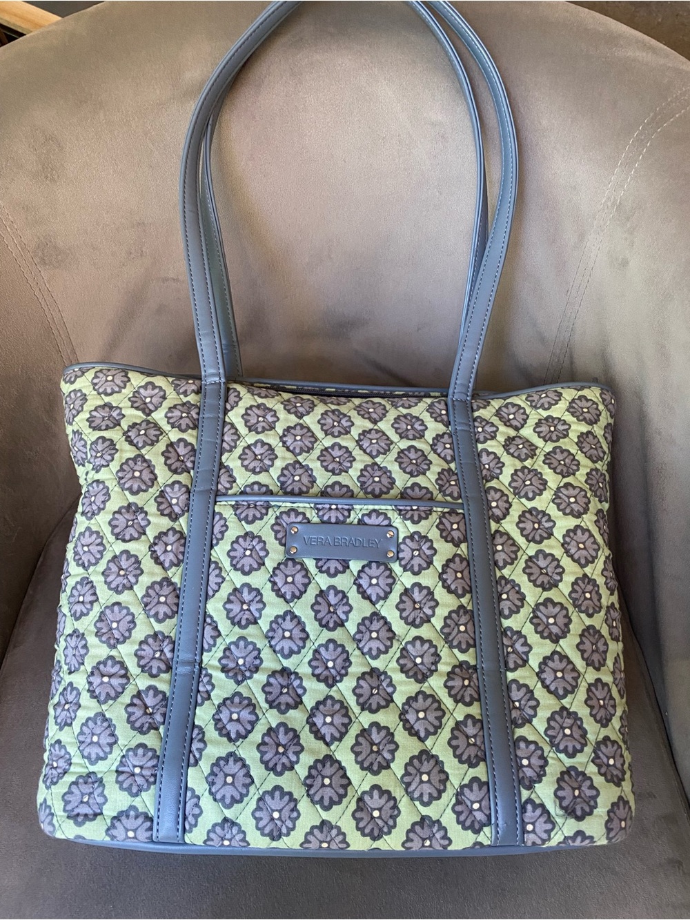 Vera Bradley Quilted Floral Tote in Light Green and Gray